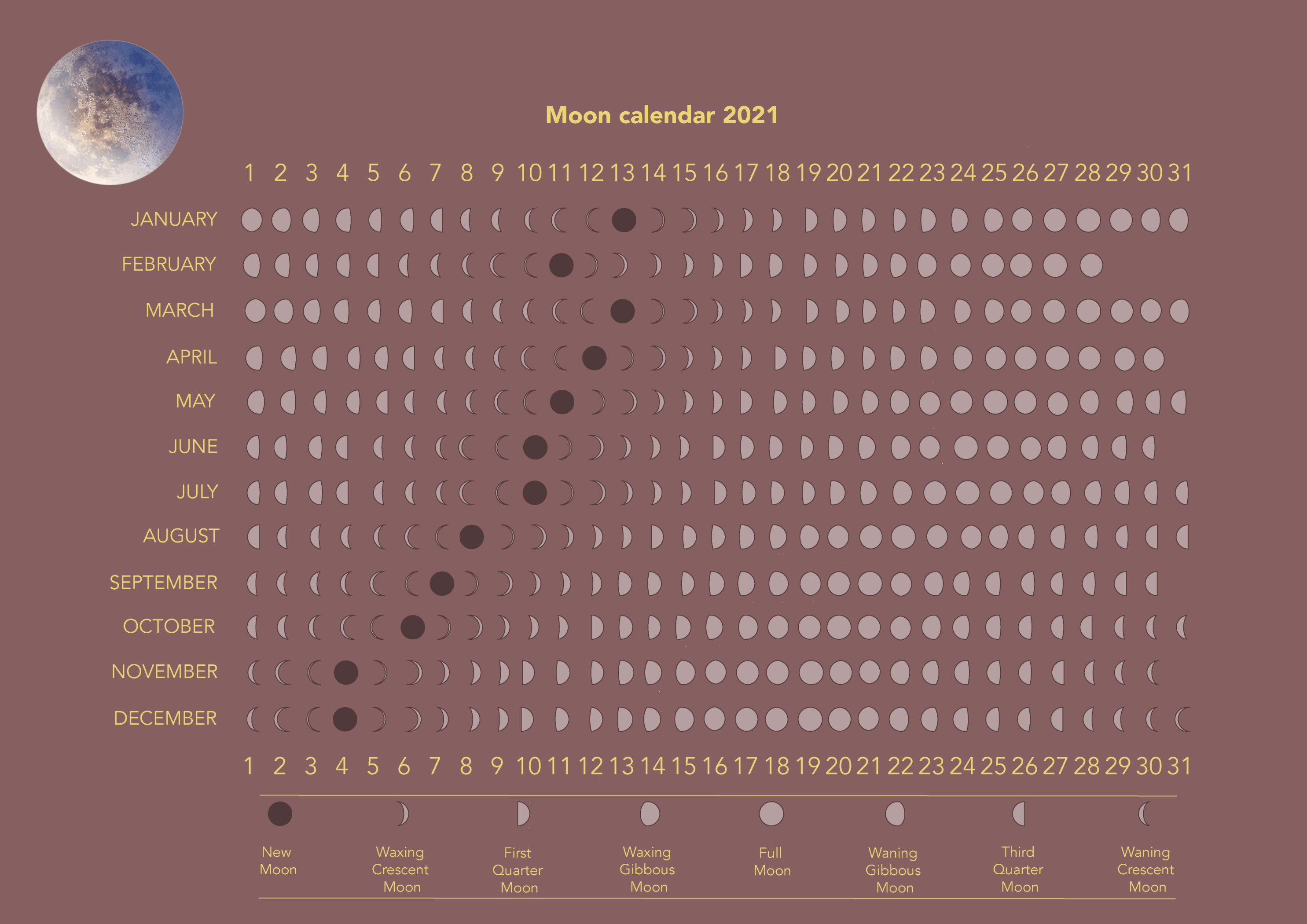 Printable A4 Moon Calendar
